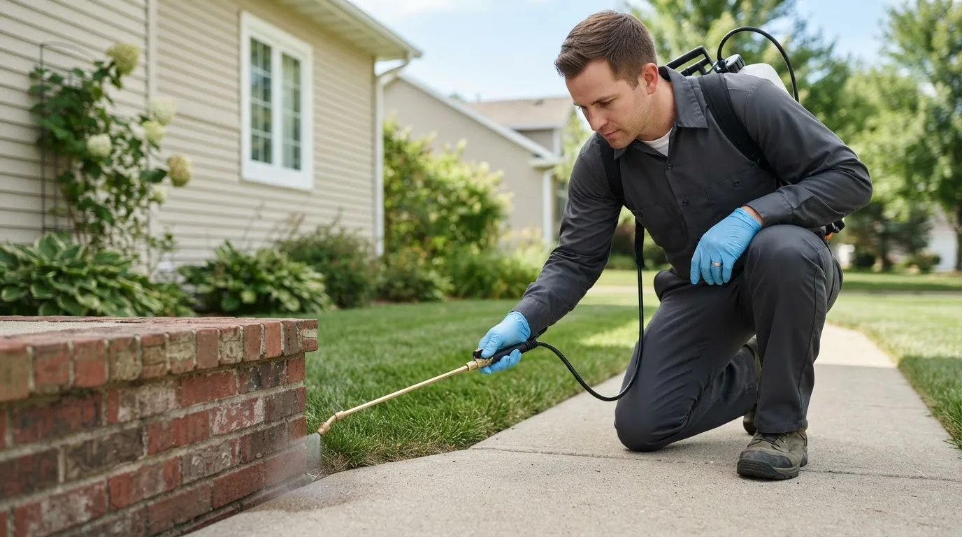 Pest control technician treating a home near Tonkawa, OK